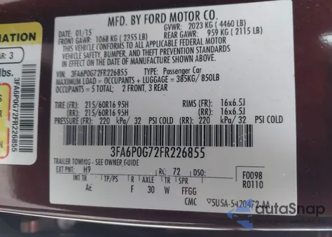 2015 Ford Fusion S from USA, damaged, VIN 3FA6P0G72FR226855